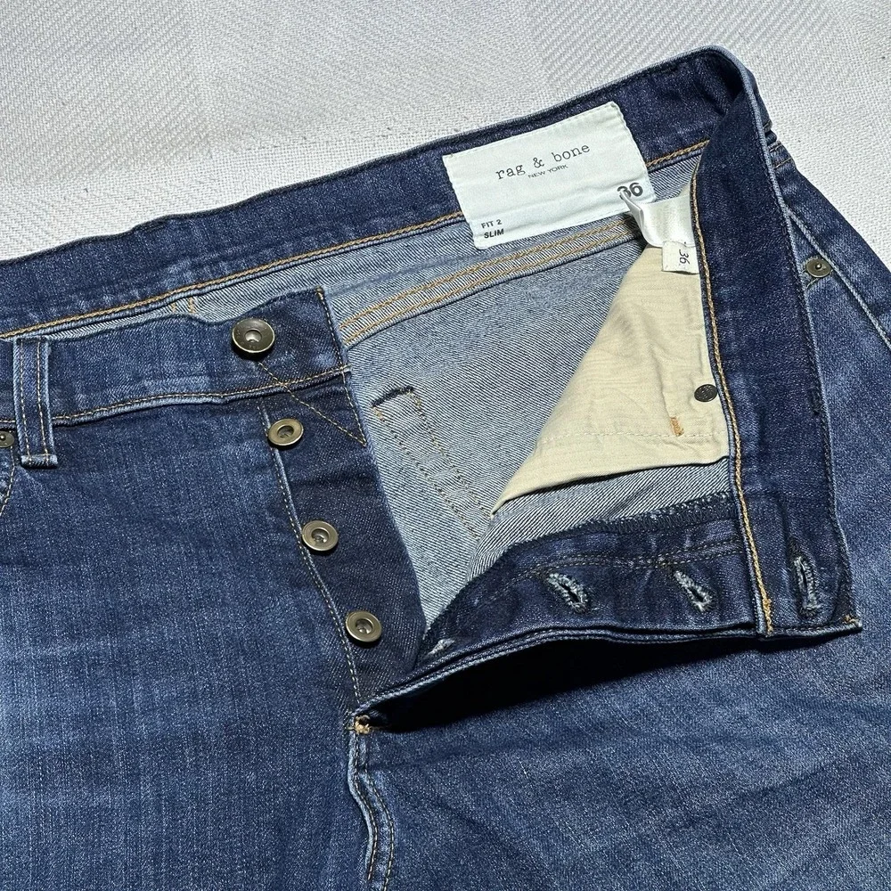 Rag & Bone Fit 2 Slim Jeans 38x29** Button Fly USA Made Denim‎ Dukes Medium Wash - Picture 3 of 16